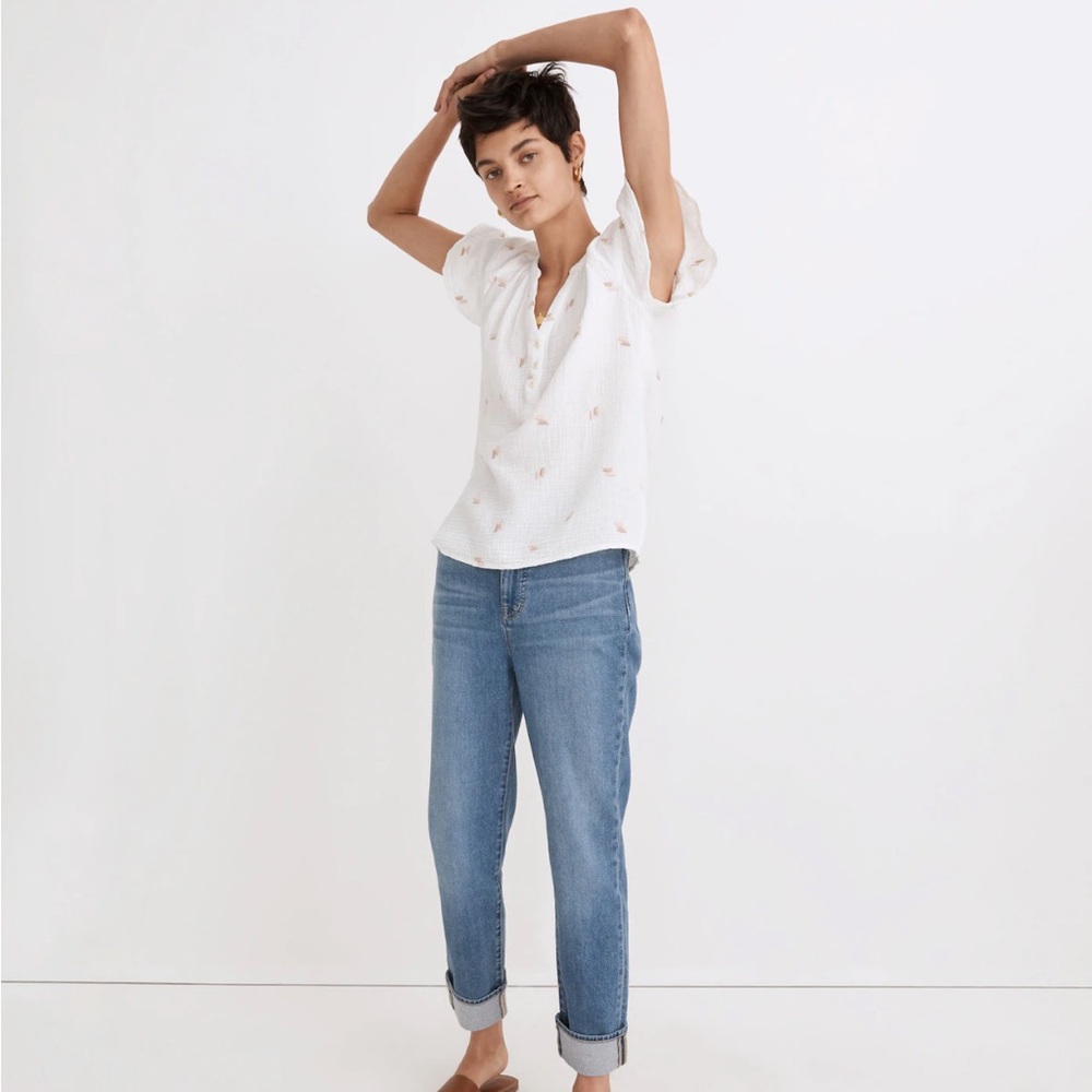 Madewell Embroidered Lightspun Ruffle Sleeve Henley Top in Lighthouse W Med